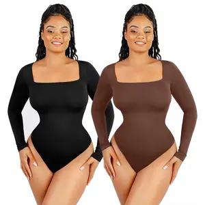Square Neck Long-Sleeve Bodysuit #91 -Available in Brown, White and Black