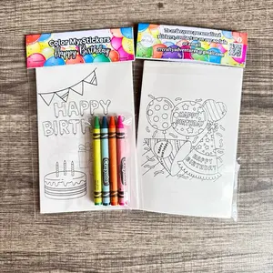 Birthday Sticker Kits - Color Your Own 6 Adorable Stickers & 4 Crayons for Kids, Birthday Party Favors, Classroom Gifts, Kids Crafts, Art Activity Kits for Kids