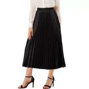 INSPIRE CHIC Women's Party Elastic Waist Metallic Shiny Accordion Pleated Midi Skirt Large Black
