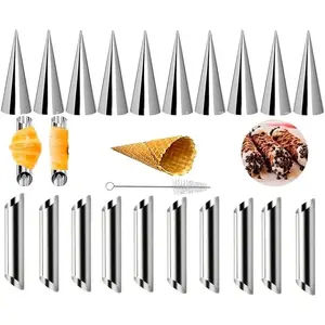 21Pcs Stainless Steel Conical Cream Horn Molds, Non-stick Cream Horn Molds, 5 inch Large Size Cannoli Tubes Kit Pack of Baking Cones Pastry Roll Horn Croissant Mold With brush