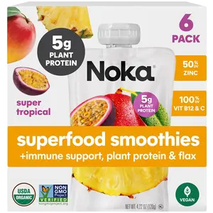 Noka Superfood Fruit Smoothie Pouches, Super Tropical with Immune Support, Healthy Snacks with Elderberry, Vitamin C, Flax Seed and Plant Protein, Vegan, Gluten Free, Organic Fruit Squeeze Pouch, 4.22 oz, 6 Count