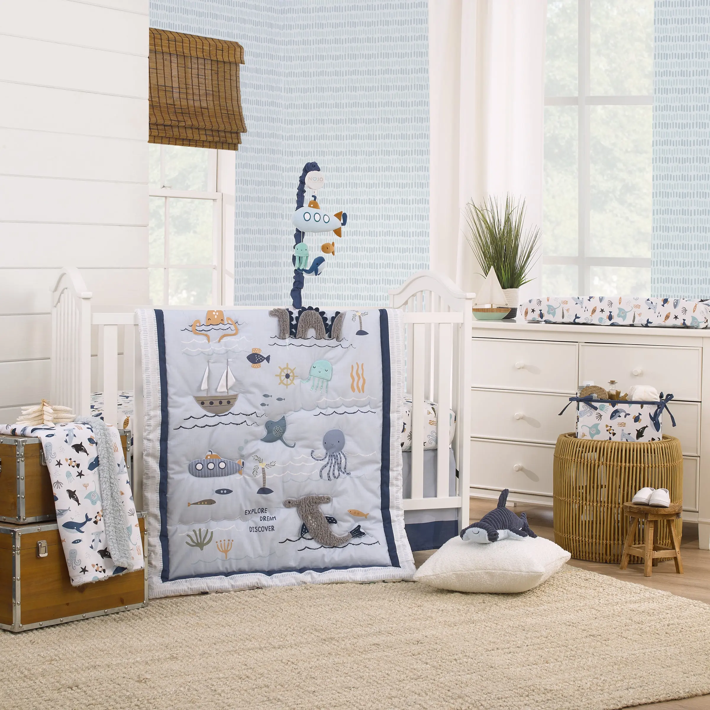 Explore Dream Discover Light Blue, Navy, Gray and Coral Ocean 4 Piece Nursery Crib Bedding Set - Comforter, 100% Cotton Fitted Crib Sheet, Crib Skirt and Nursery Organizer