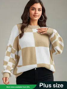 Women's Round Neck Plaid Colorblock Knit Pullover Knitwear Sweater Coat, Fashionable Long Sleeve Sweater for Fall & Winter Layering