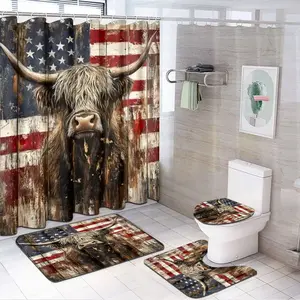1/4pcs Highland cattle and American flag pattern Waterproof Shower Curtain set, non-slip floor mat, U-shaped carpet, toilet lid cover, perfect for bathroom decoration, partition, beautify the space, 12 shower curtain hooks are included