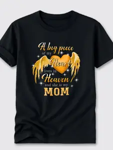 Winged Heart Remembrance Crewneck - ‘A Big Piece of My Heart’ Memorial Design in Classic White or Black,Personalized short-sleeved T-shirt for casual daily wear. Loose and fitted design.