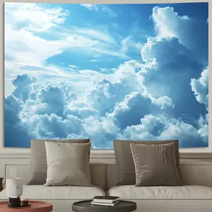 1 piece of surreal blue sky and white clouds polyester background banner - suitable for bedroom, living room, office and outdoor decoration | tranquil cloud view wall art, home decoration, dreamy aesthetics, durable material, decorative tapestry