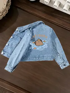 Girls' Denim Jacket, Long Sleeve Fitted Casual Coat, children's outerwear, Trendy Cartoon Capybara Print, perfect gift for girls, Perfect for All Seasons, all seasons coats, Birthday Parties, Daily Wear