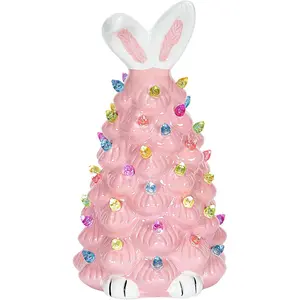 Cute Ceramic Easter Tree Bunny Decor, Light up Easter Bunny Decor Spring Decorations for Indoor Bedroom Office Decor Tabletop for Kid Gifts (Pink)