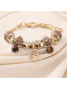 Women's Leopard Print Beaded Bracelet with Bow, Heart, Clover and Tiger Eye Stone, Trendy Fashion, Charms Bracelet