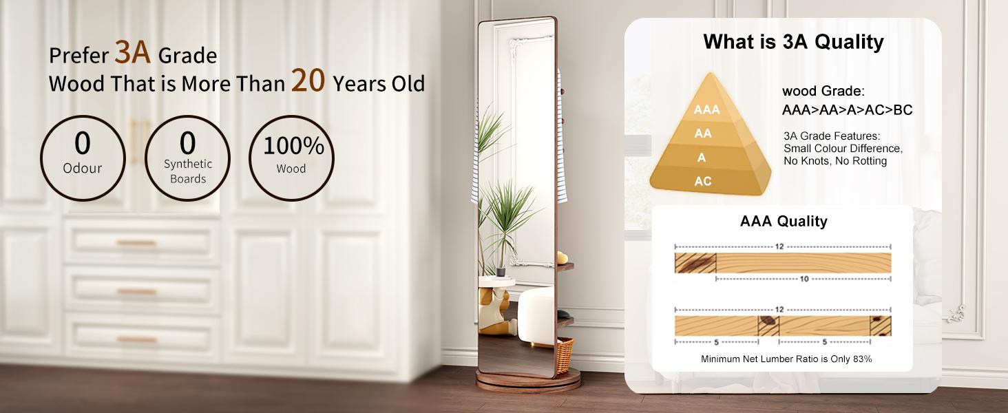 Full Length Mirror with Coat Rack & Storage Hooks, Solid Wood Standing Floor Mirror, Multifunctional Dressing Mirror for Bedroom & Living Room, Space Saving Home Décor Furniture