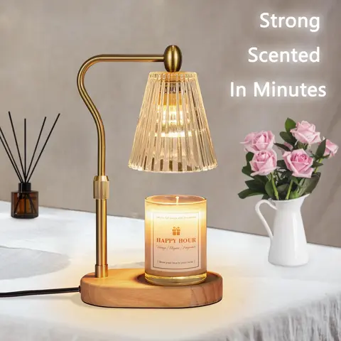 Flame-Free Electric Candle Warmer - Light-Up Household Item with Timer, Dimming Function, 12in Height Adjustment, 3-6in Jar Compatibility, 2x50W Bulbs, Aesthetic Wood Home Decor, Gifts for Your Mom Christmas (Candles Not Included)