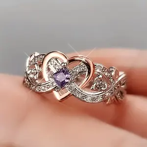 Women Heart Shaped Ring，Two Tone Silver Plated Band Inlaid With Purple Cubic Zirconia，Elegant Jewelry for Engagement Wedding And Anniversary Occasions