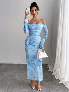 Lafayette Women's Mesh Long Sleeve Dress, Off-Shoulder Mermaid Skirt Gown, Elegant Evening Wear, Perfect for Special Occasions