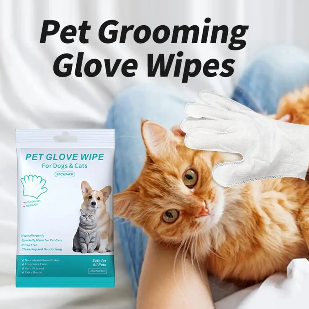 PetGloveWipe Thick Unscented Pet Glove Wipes for Dogs & Cats Hypoallergenic No-Rinse Grooming Wipes 6pcs for Kitty Kitten Paws Cleaning