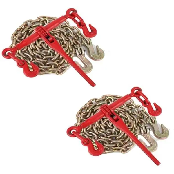 【GARVEE】2-Pack Heavy Duty Grade 70 Steel Binders & Chains Set - 5/16"-3/8" and 3/8"-1/2" Load Binders, 2 10ft Chains, 14" Easy Leverage Grappling Hook, 27600 lbs ABS, 45.9 lbs, for Towing, Logging