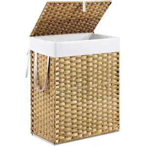 Woven Laundry Basket with Lid, 90L Large Capacity Hamper, Removable & Machine-Washable Liner, Foldable Rattan Clothes Hamper, Sturdy Steel Frame, Odor Control, Goose Yellow
