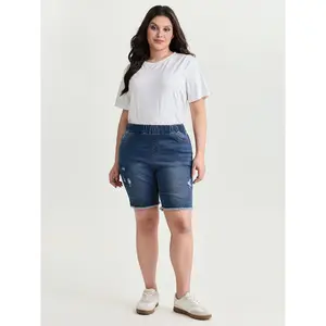 BLOOMCHIC Women's Curvy Plus Size Elastic Waist Ripped Denim Pants - Cotton-Spandex Garment, Comfortable Fit with Pocket, 2026 Summer Lady Pick for Mother's Day Blue Fabric 2026 Summer Vibes