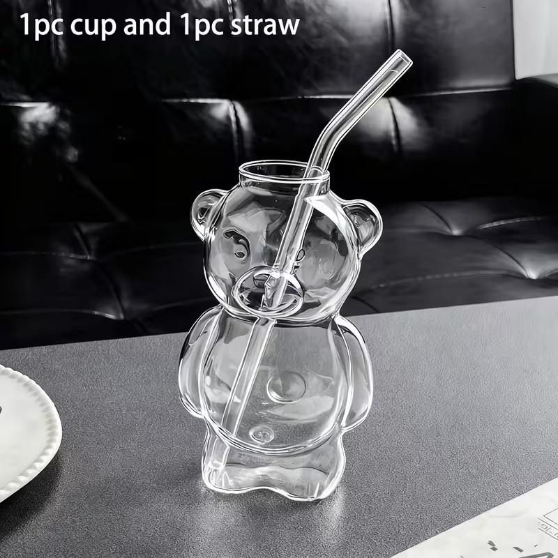 Bear Cup Coffee Glass Set (1 Bear Cup + 1 Straw), Creative Cartoon Glass Water Bottle, Juice Cup with Straw, Stylish and Practical