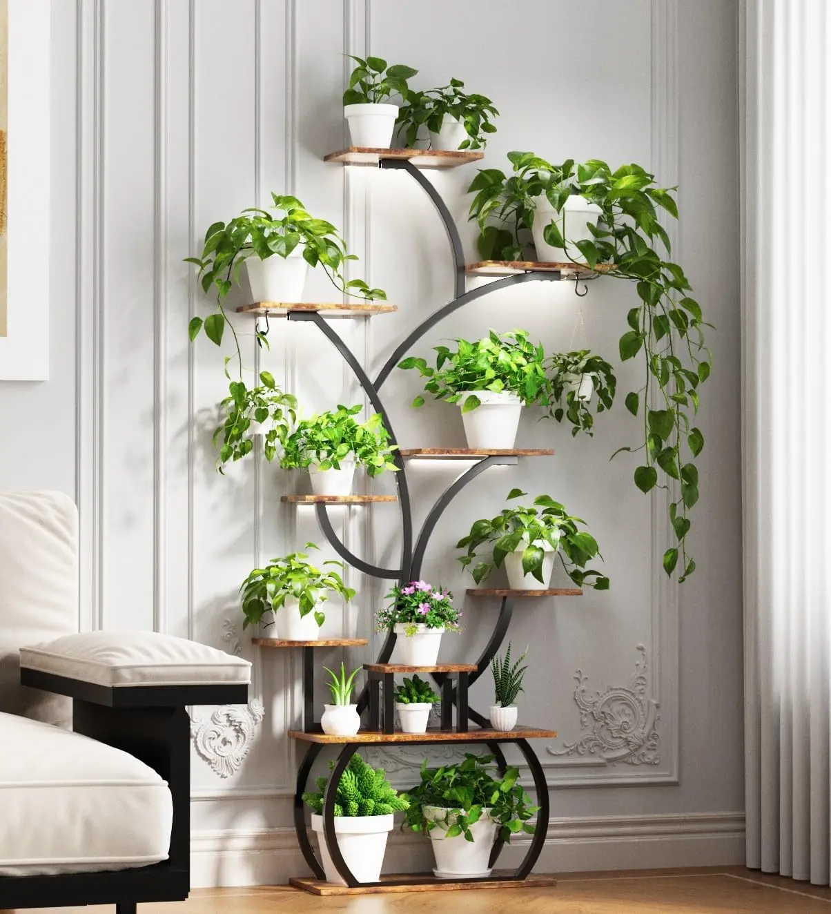 VINGLI 61" Tall Tree-Shaped Metal Plant Stand with LED Strip Grow Lights, 10-Tier Indoor Shelf for Modern Plant Pots, Succulent Planters & Unique Pots, Black Garden Accessories