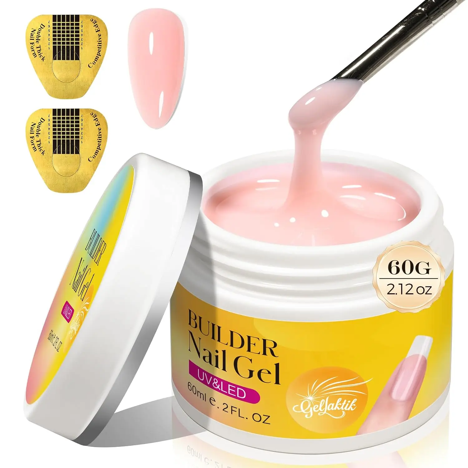 Builder Gel Kit 60g for Nail Extension, Postel Pink Hard Gel, 10 Nail Forms All-in-one(Build, Extend, Strengthen, Repair, Shape), Low odor ＆ HEMA Free, Beginner Friendly, Durable, Salon Quality at Home