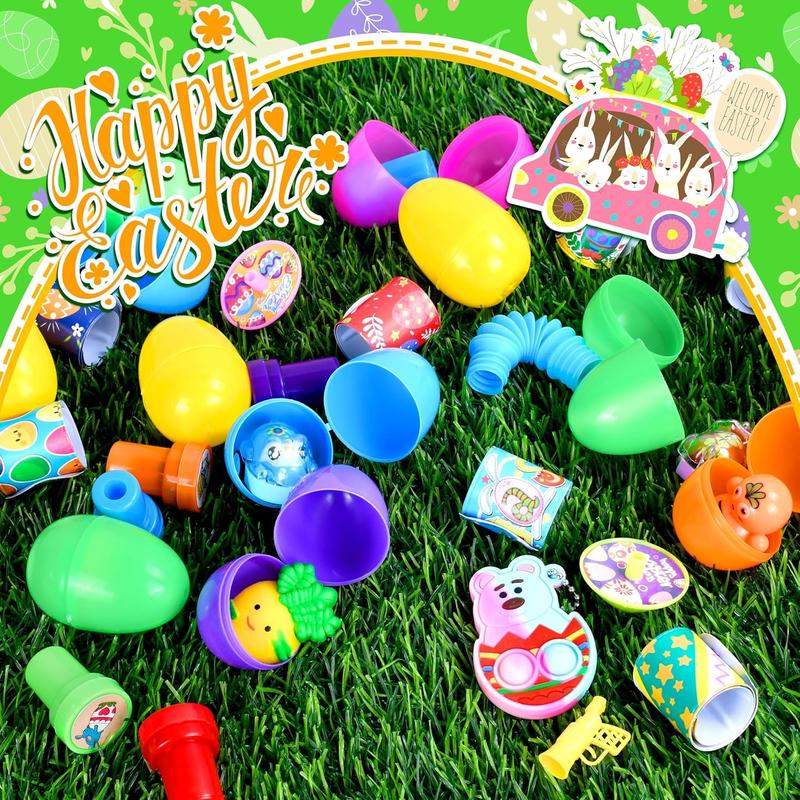 120 Pcs Prefilled Plastic Easter Eggs Filled with Assorted Toys Stickers Inside for Kids Boys Girls Toddlers Easter Theme Party Favors Easter Eggs Hunt Basket Filler Stuffers Classroom Prize Supplies