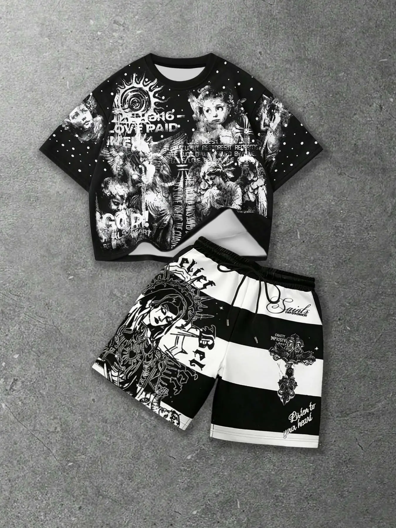 Dark Style Print Sports Set, Angel and Retro Text T-Shirt, Striped Patchwork Shorts, Streetwear Vintage Look, Sportswear Shorts Set, Sports Outfits