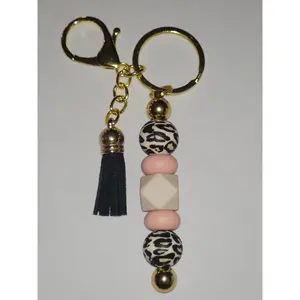 Leopard Print & Cream Beaded Keychain with Black Tassel
