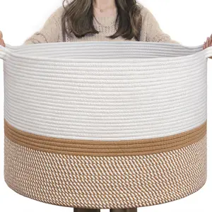 85L Extra Large Cotton Rope Woven Basket (22 inches x 20 inches x 13 inches), Baby Laundry Blanket Storage Basket, Suitable for Home Decor Living Room, Nursery, Children's Toy Storage Basket, White and Camel Blend