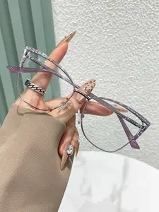 Women & Men Rhinestone Cat Eye Metal Glasses, Anti-Blue Light, Elegant Style, Suitable for Daily Life, Office, TV, Gaming, Phone Use