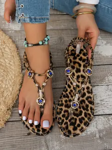 Leopard Print Rhinestone Sandals Women, Bohemian Style Open Toe Roman Beach Shoes, Flat Heel Slip on Summer Footwear, Boho Style Sandals