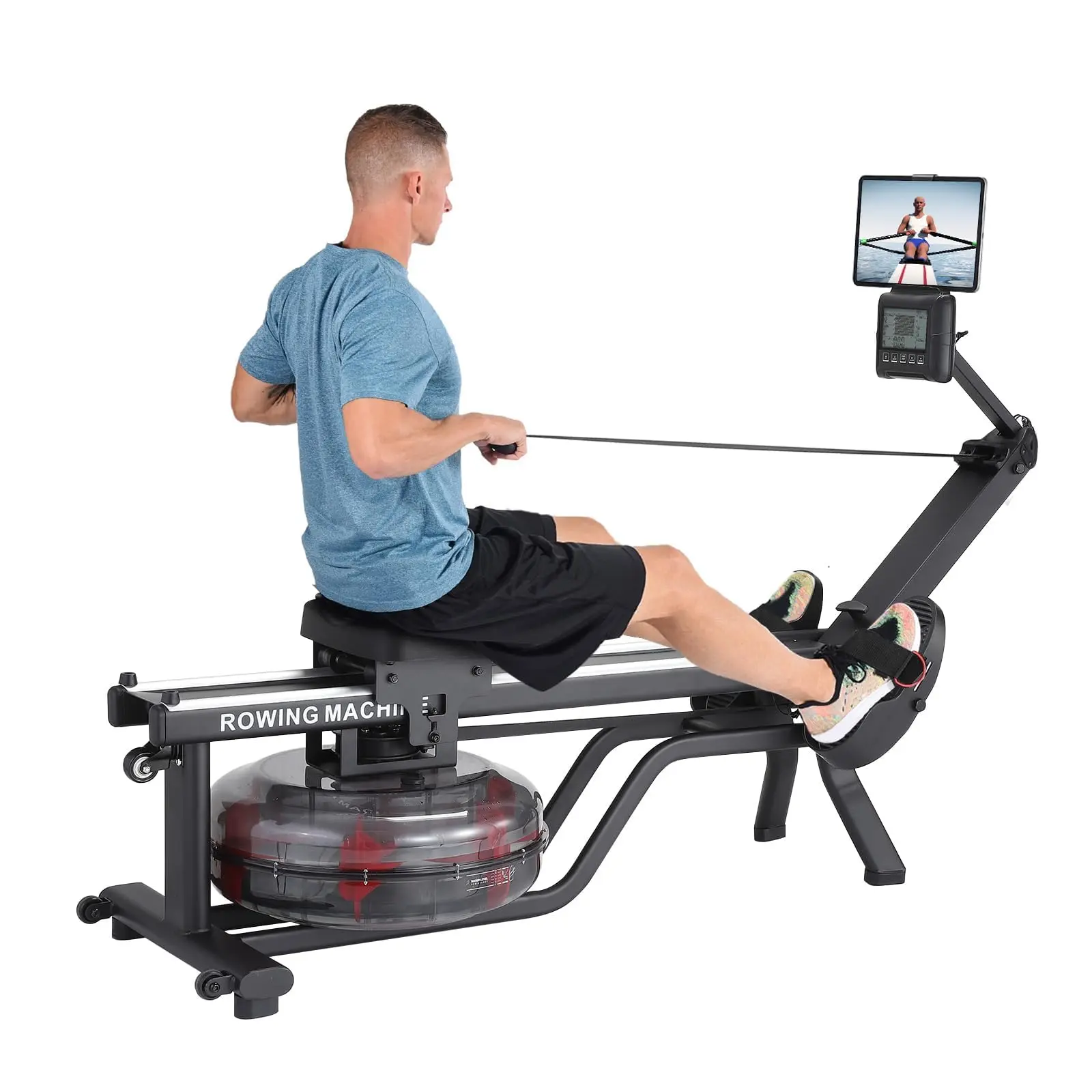 Garvee Water Rowing Machine for Home Use with Digital Monitor, 380 LBS Capacity, Wide Ergonomic Seating, Tablet Holder, and App Compatibility for Enhanced Workout Experience