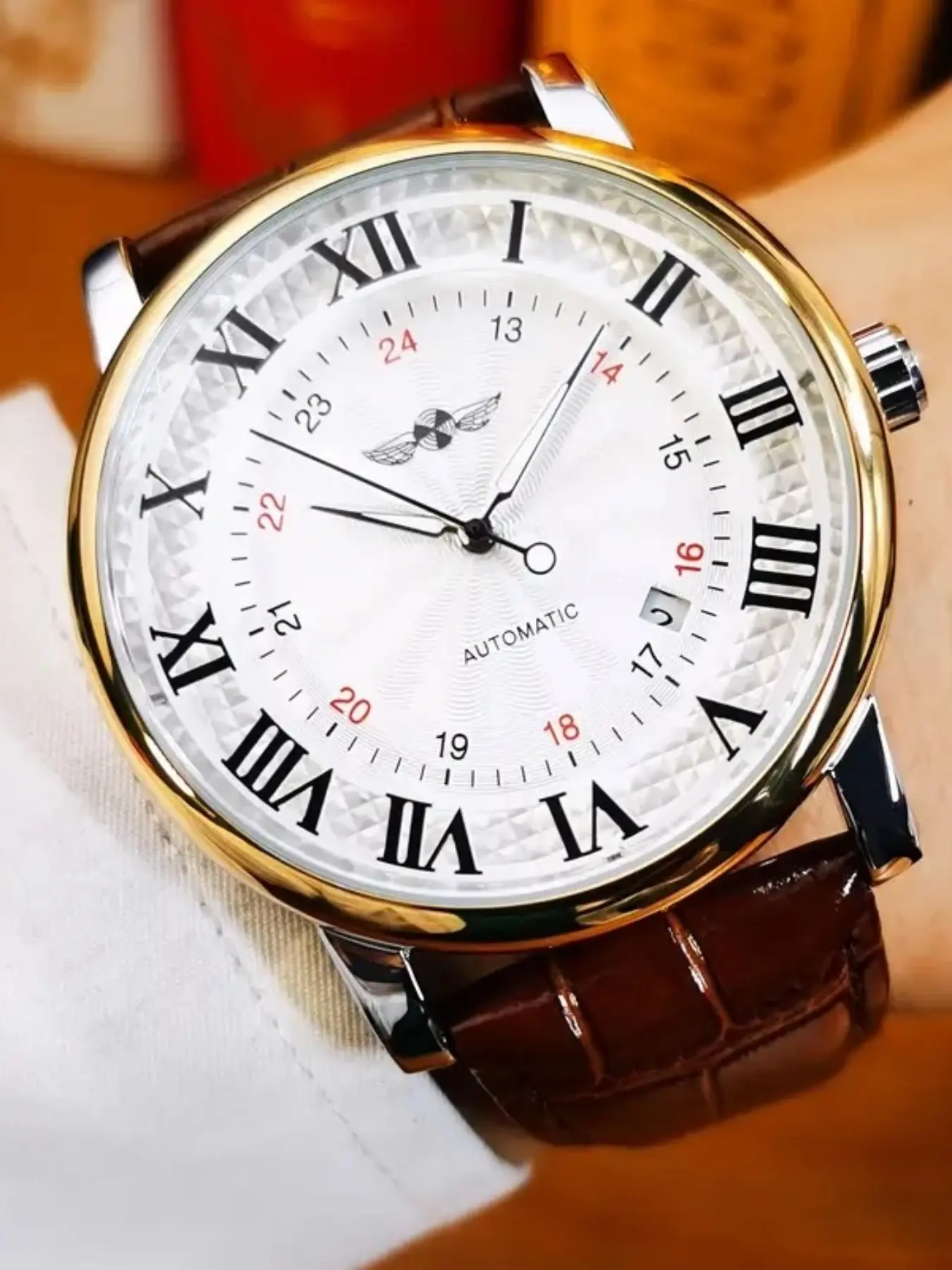 Fashion Business Mechanical Watch Date Display, Men's Simple Automatic Watch, Casual Business Wristwatch, Casual Leather Strap, Round Analog Face, All Seasons