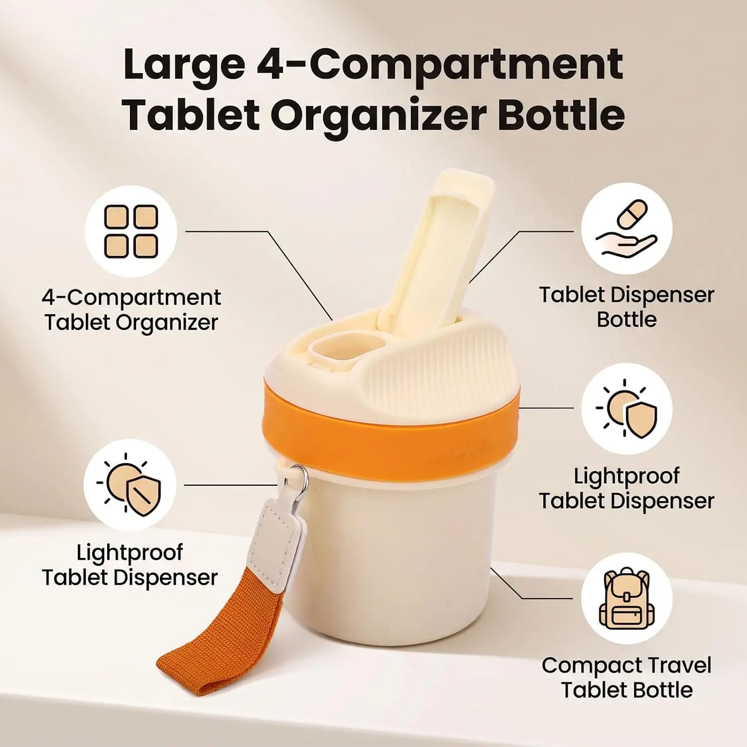 4-Compartment Pill Dispenser Bottle, Large Portable Pill Organizer,Easy to Clean, Ideal for Home and Travel, Organize Your Medicines