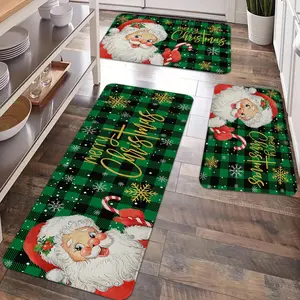 2/3pcs Christmas Kitchen Carpet Floor Mat, Retro Green Buffalo Grid Santa Claus Snowflake Pattern Anti slip Floor Mat, Soft and Comfortable, Easy to Clean, Suitable for Bedroom, Living Room, Dining Room, Doorway, Bathroom, Laundry Room