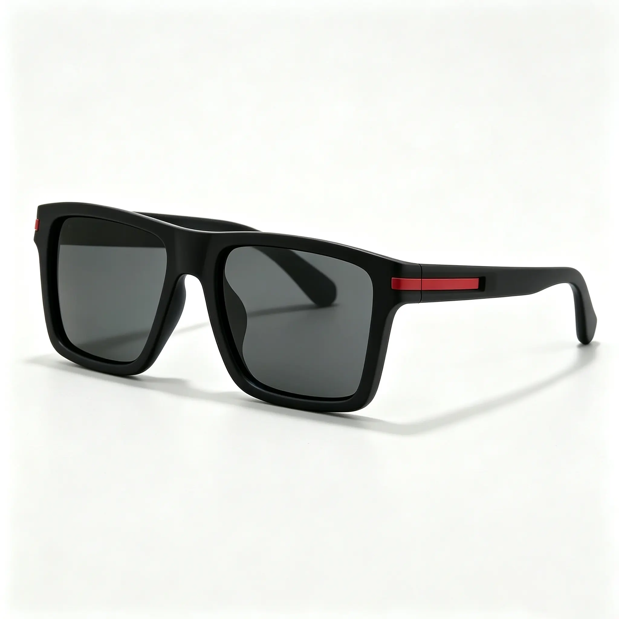 Men's Sport Polarized Sunglasses, Matte Black Frame with Red Stripe Temple, Square UV400 Driving Shades, Designer Inspired Athletic Eyewear for Men
