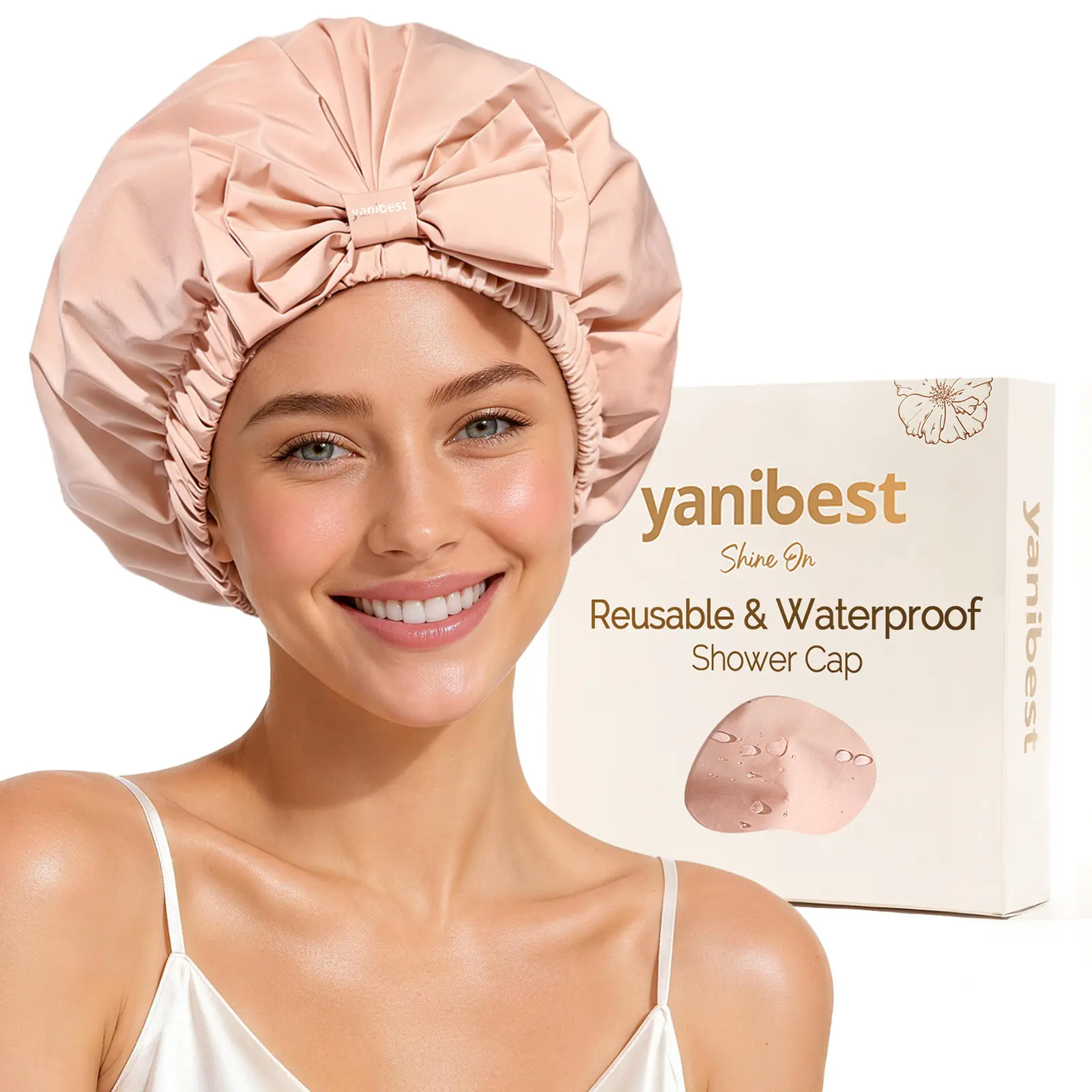 YANIBEST Women's Peachy Pink Reusable Shower Cap - Watertight Seal, Quick-Dry Nylon, Bow Accent, Comfortable Wide Band, Thick Hair Room, Durable One Size, Haircare Accessory for Any Occasion