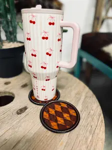 Neutral Checkered Tooled Drink Coasters- 4 Piece