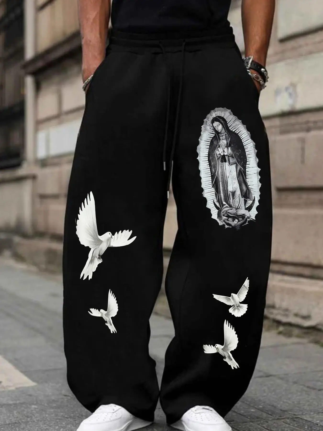 Men's Dark Religion Wide Leg Sweatpants, Loose Fit Casual, Heavy Cotton Feel, Virgin Mary & Dove Graphic Print, Preppy Style, Drawstring Waist, All Seasons, Casual Streetwear Trousers, Drawstring Lounge Pants