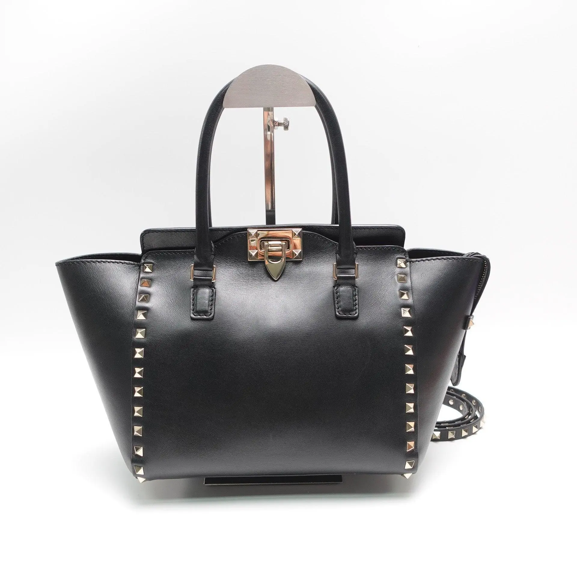 Pre-owned Valentino Calfskin Tote Bag Rockstud Small Black with Shoulder Strap T10461699