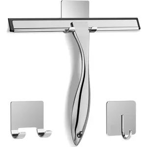 All-Purpose 10 Inch Silver Stainless Steel Shower Squeegee with 2 Adhesive Hooks, Household Cleaning Tool for Shower Glass Door Bathroom Window Mirror Tile Wall Car