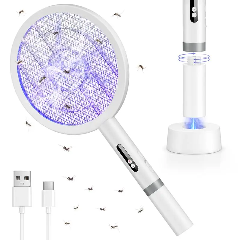 Electric Fly Swatter Bug Zapper - 4100V USB Rechargeable Racket with 1800mAh Battery, Purple Light, Safe Indoor Household Pest Control Tool for Zapping Bugs with Zapper, Mosquito Control Flies, Camping Gear, Summer Home Essential, Fly Zapper Mosquitoes