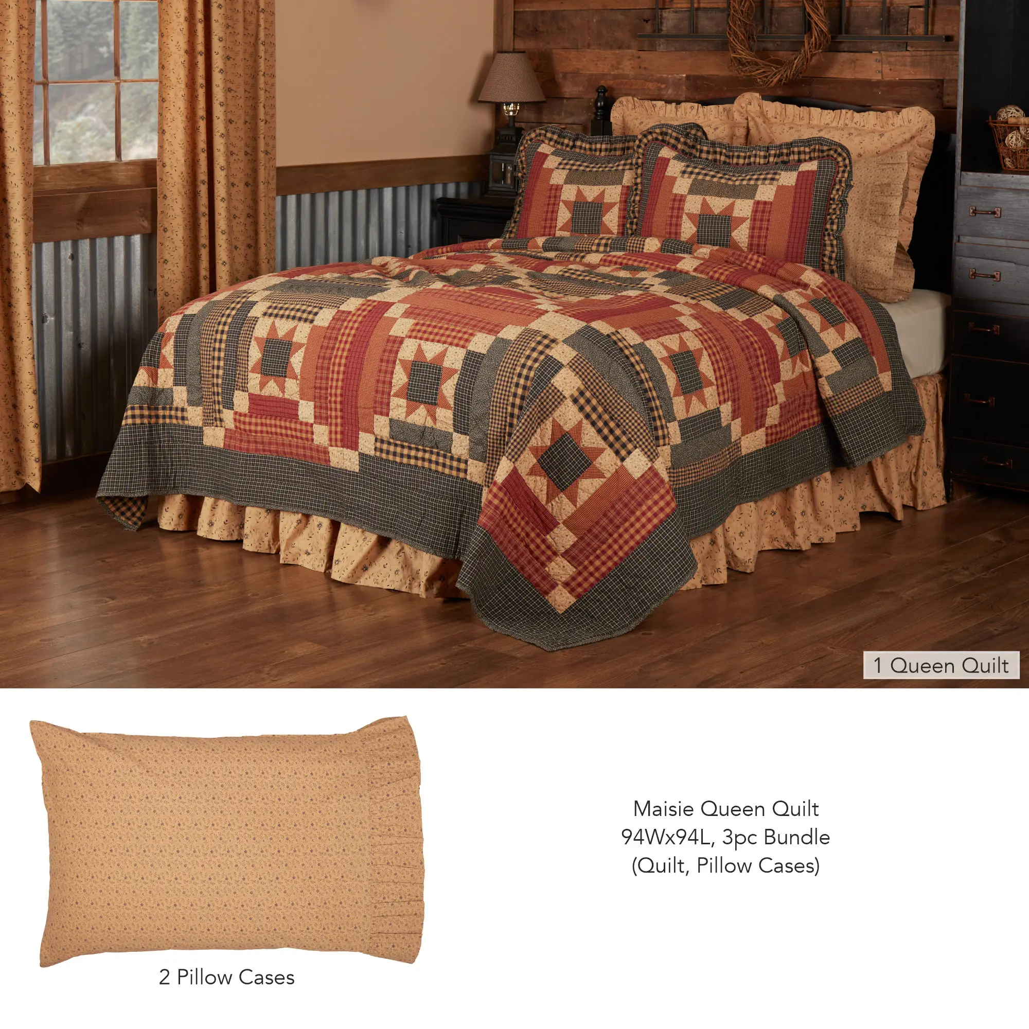 Maison Queen Quilt 94Wx94L, 3-Piece Set (Quilt, Pillow Cases) - 100% Cotton, Multicolor Patchwork, Queen Size, Includes 2 Standard Pillow Cases
