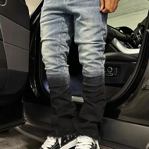 Men's Blue Slim Fit Elastic Straight Leg Denim Jeans, Elastic Denim Pants, Vintage Washed Look, Zipper Fly, All Seasons, Minimalist Style