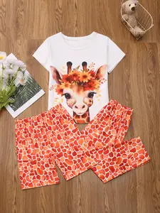 Girls Floral Giraffe Pattern Spring Thin Short Sleeve Shorts Set, Comfortable Long Pants 3 Piece Cartoon Print Casual Comfy Pajama Sleepwear Set