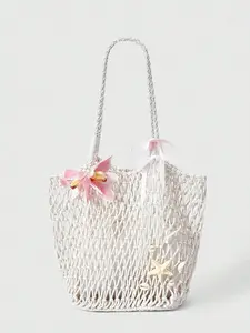 Vacation-style openwork knot tote bag, adorned with floral decorations and starfish shell embellishments, featuring a woven long shoulder strap in warm beige tones. A versatile essential for seaside outings Lightweight Beach Bag Tote Handbag