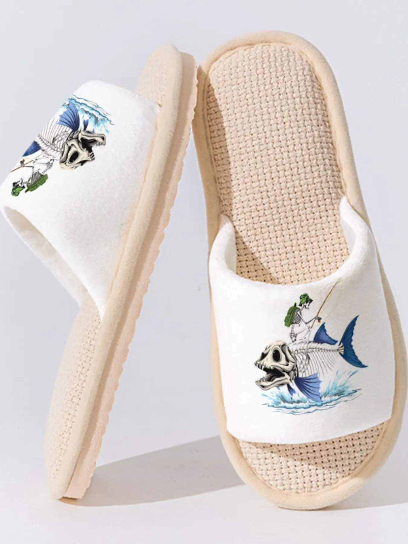 Pair Skull Fisherman Linen Slippers, Dark Fun Style Breathable Non-Slip Sole, Bedroom Living Room Daily Wear Shoes