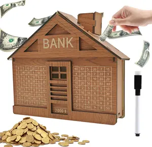 Cash Vault Wooden Savings Box,Reusable Cash Saver Box with Dry Erase Pen,Wooden Coin Money Bank for Kids Adults