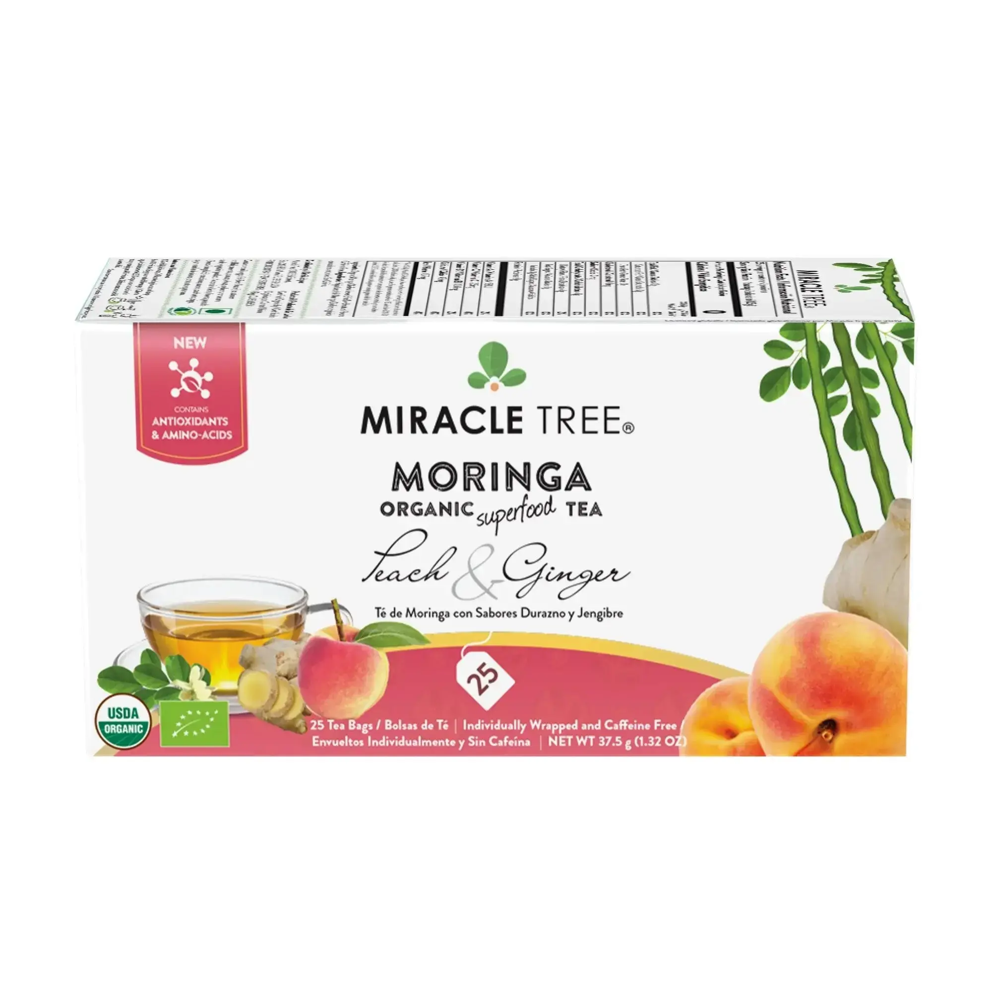 Miracle Tree Organic Moringa Tea Peach & Ginger Caffeine-Free Herbal Tea USDA Certified Organic Nutrient-Rich Sweet Spice Beverage