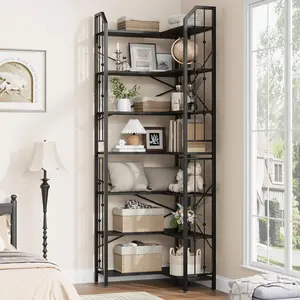Garvee 86" Corner Bookshelf, l Shaped 7 Tier Corner Bookcase for Small Spaces, Beaded Style Display Shelf, Heavy Duty Storage Rack for Living Room, Bedroom and Office, Black