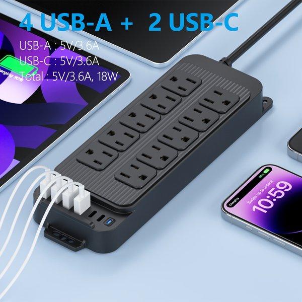 Surge Protector Power Strip with 10 Outlets & 6 USB Ports – USB C Charging Station, Flat Extension Cord 4ft, Compact for Home Office Travel Dorm
